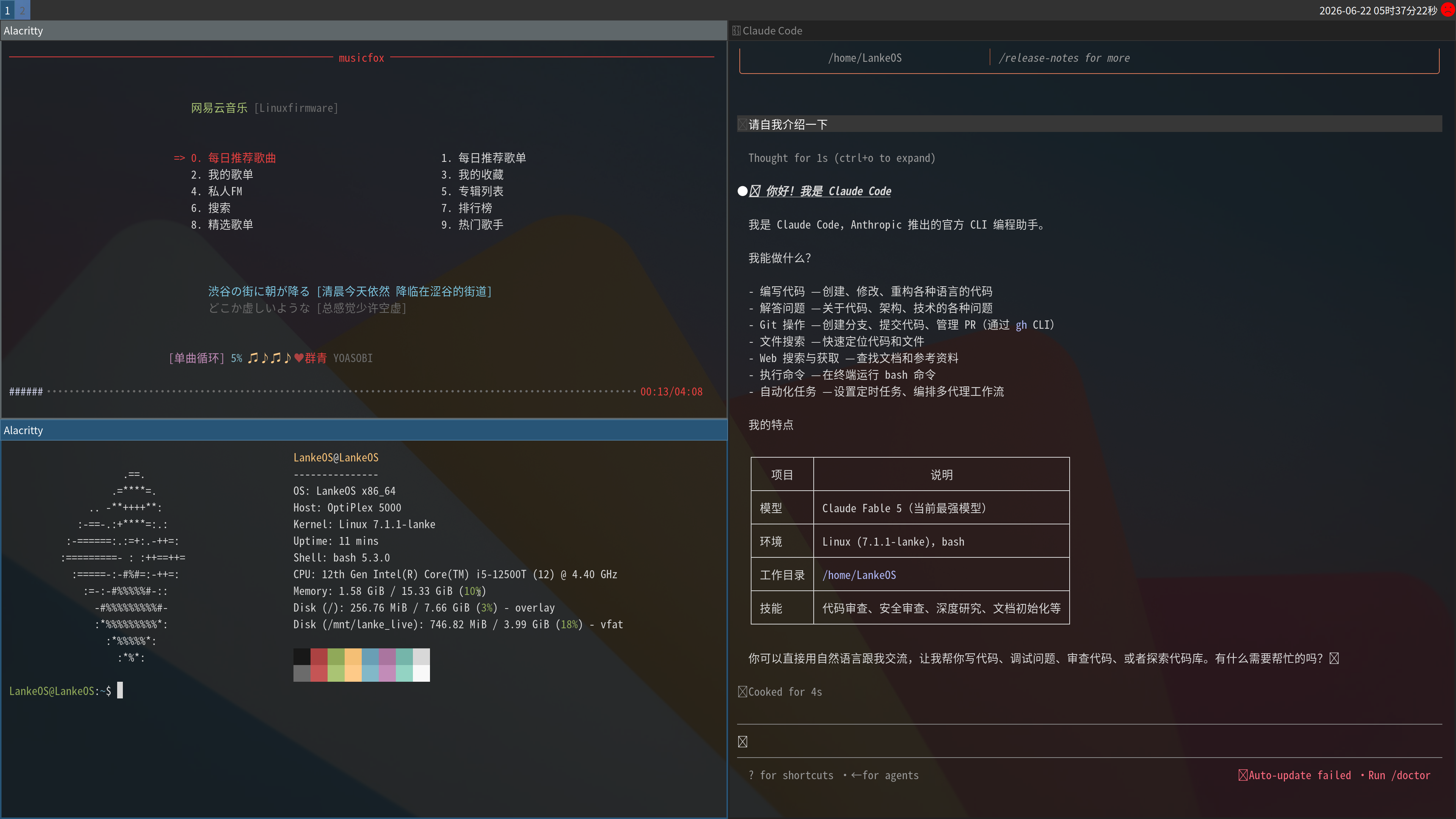 LankeOS 桌面截图:Sway 平铺窗口管理器上运行 Alacritty 终端、系统信息和桌面应用